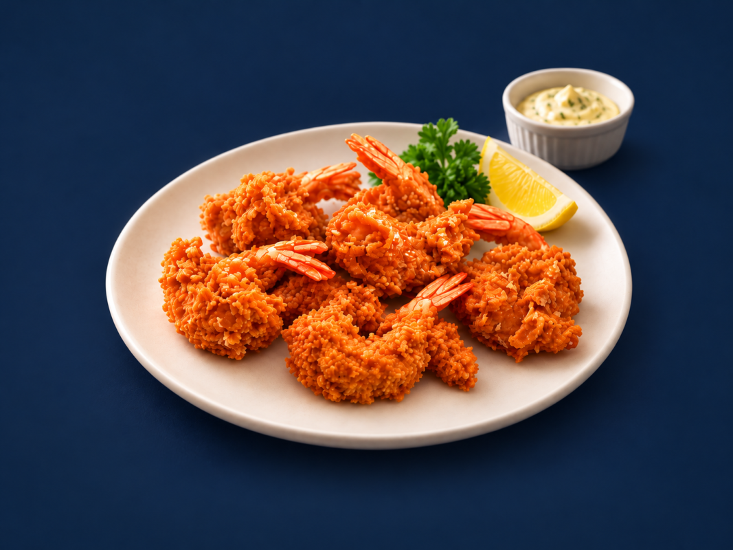 Golden-coated shrimp karaage on a navy background