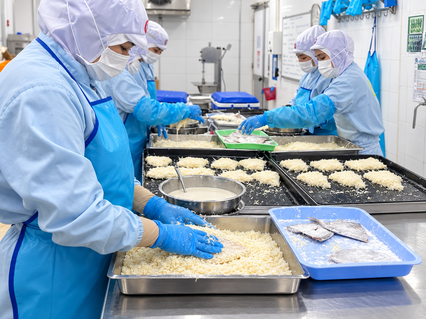 Seafood product development — hand-breading fish fillets
