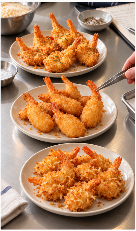 Three coating styles applied to the same shrimp for comparison: panko crumb, tempura and battered