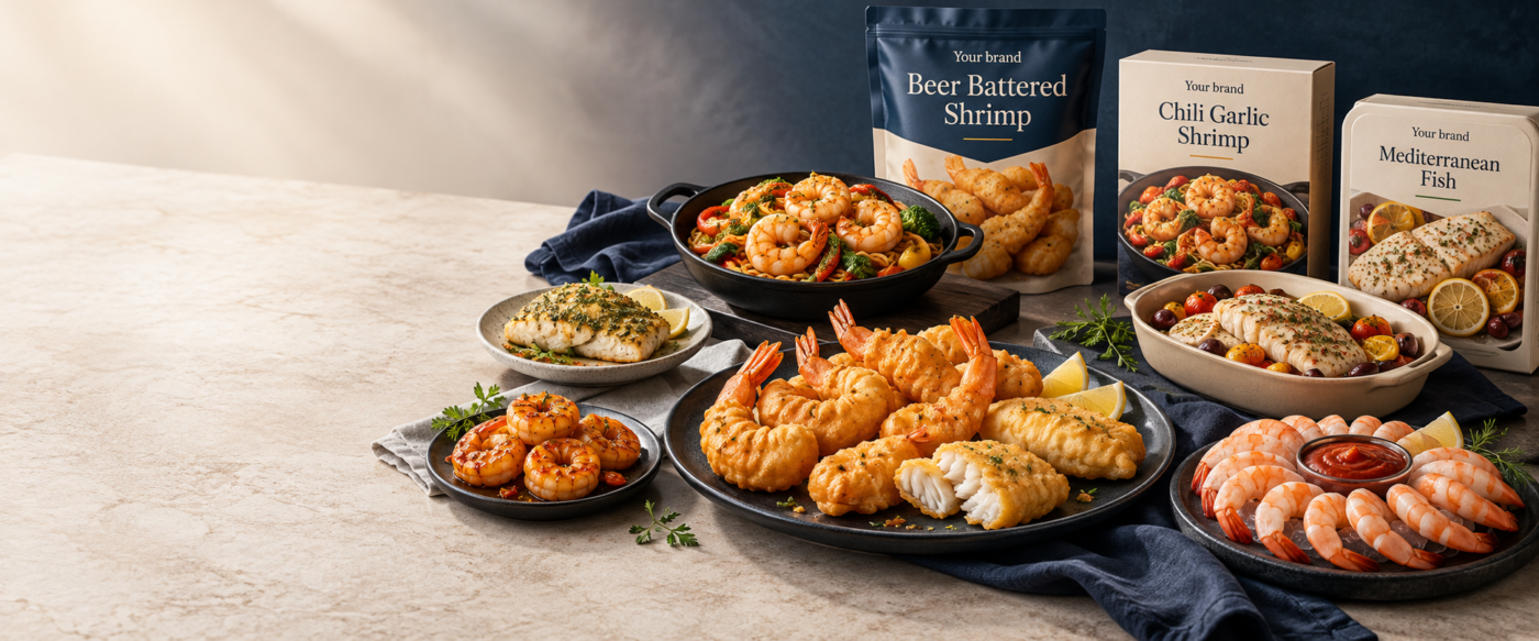 Ecosea seafood product formats and concept packaging illustration — breaded, seasoned and meal solutions