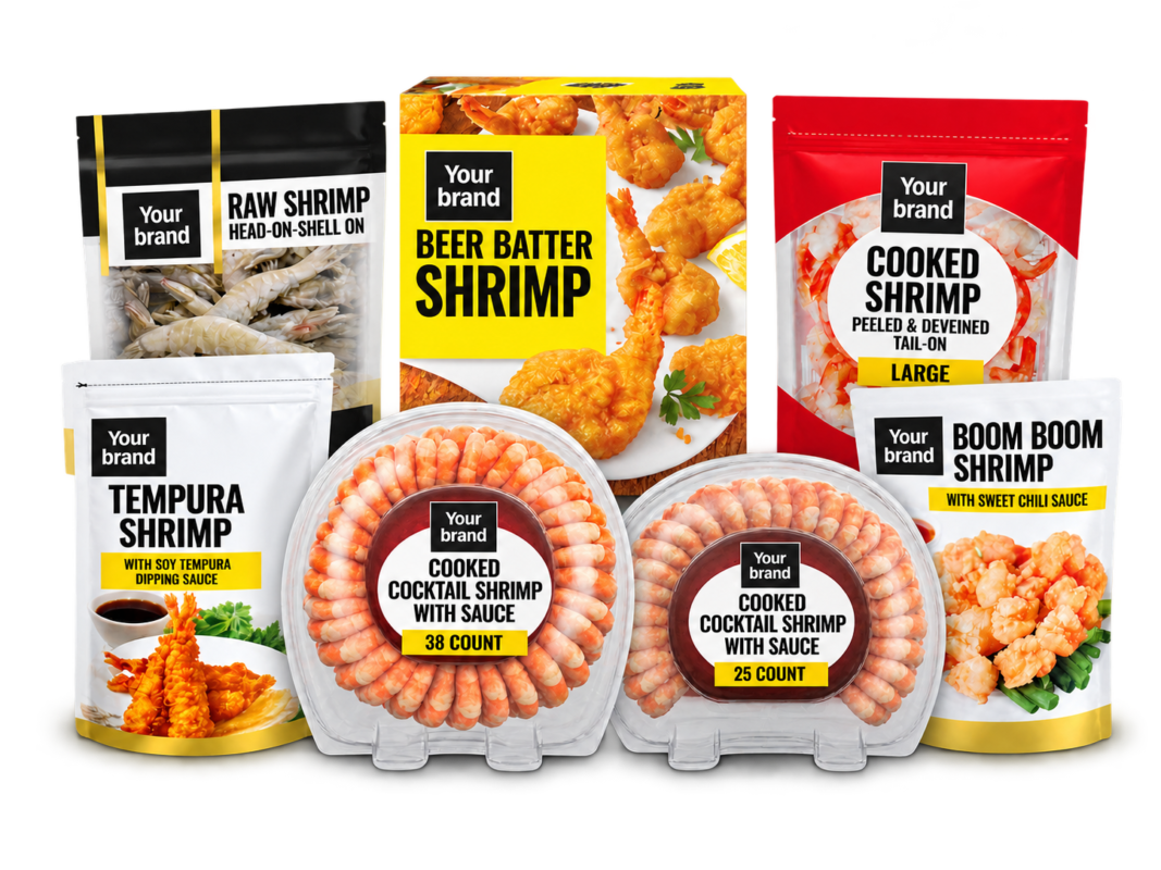 Ecosea shrimp product concepts in your-brand packaging — beer batter, sweet chili, tempura, shrimp scampi and cocktail shrimp