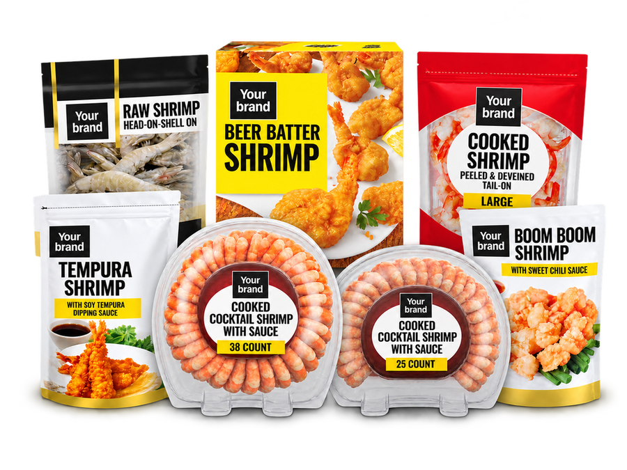 Ecosea shrimp product concepts in your-brand packaging — beer batter, sweet chili, tempura, shrimp scampi and cocktail shrimp